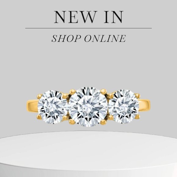 14K Yellow Gold 2.2 CT TRUE Light Moissanite Three Stone Engagement Ring - Picture 1 of 9